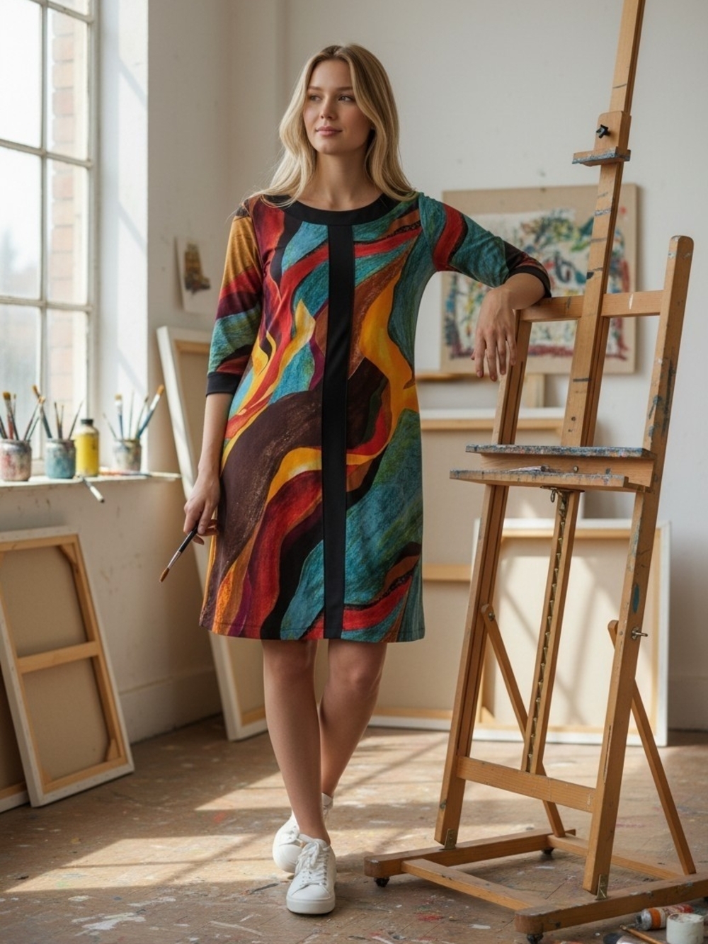 Eva Varro Multicolor Abstract Midi Dress with Black Center Trim